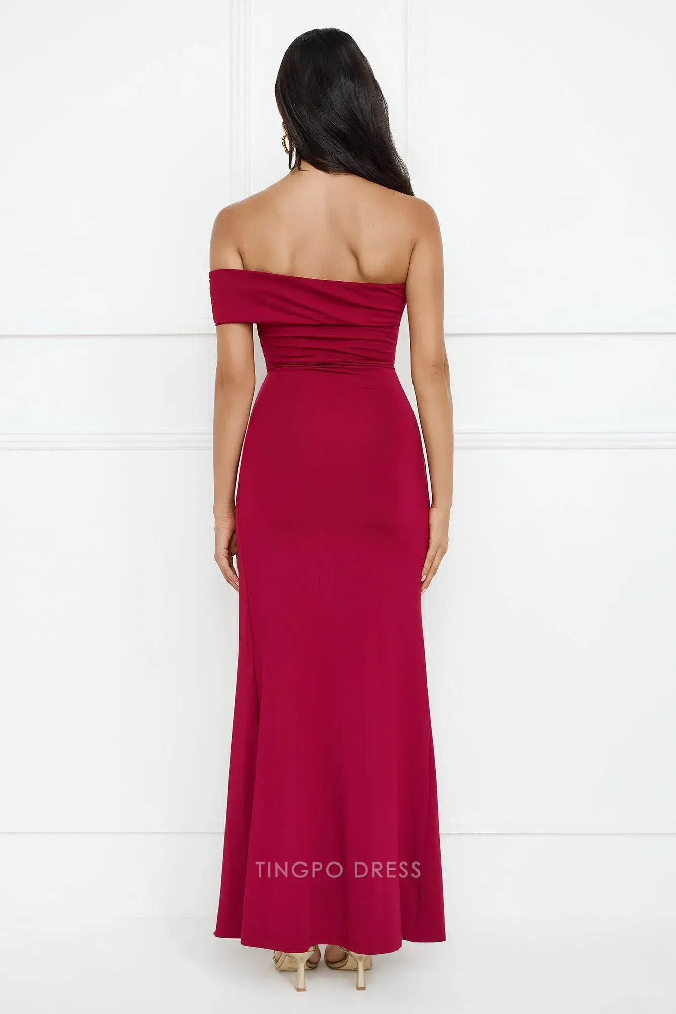 Elegant Off - Shoulder Ruched High - Slit Maxi Dress Prom Dress